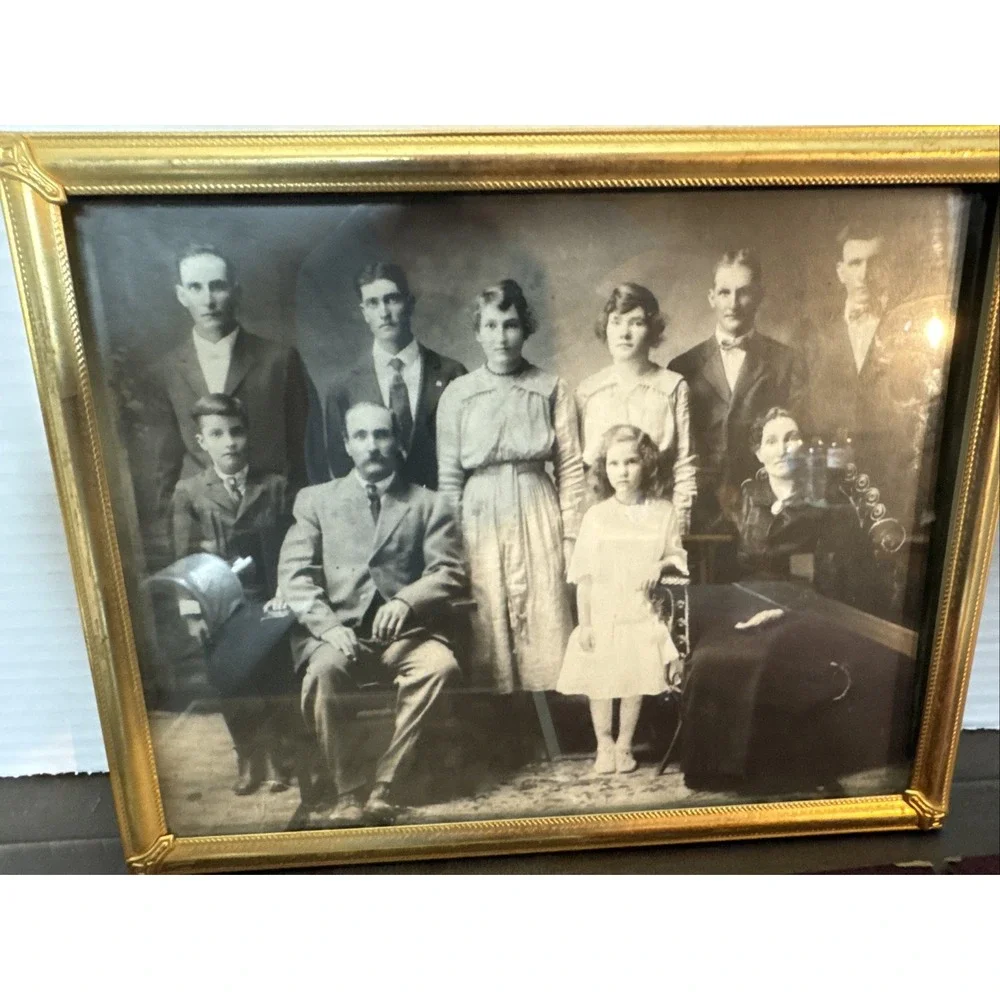 Antique Framed Family Group Photograph Picture Writing On Back 1919 Brass Frame
